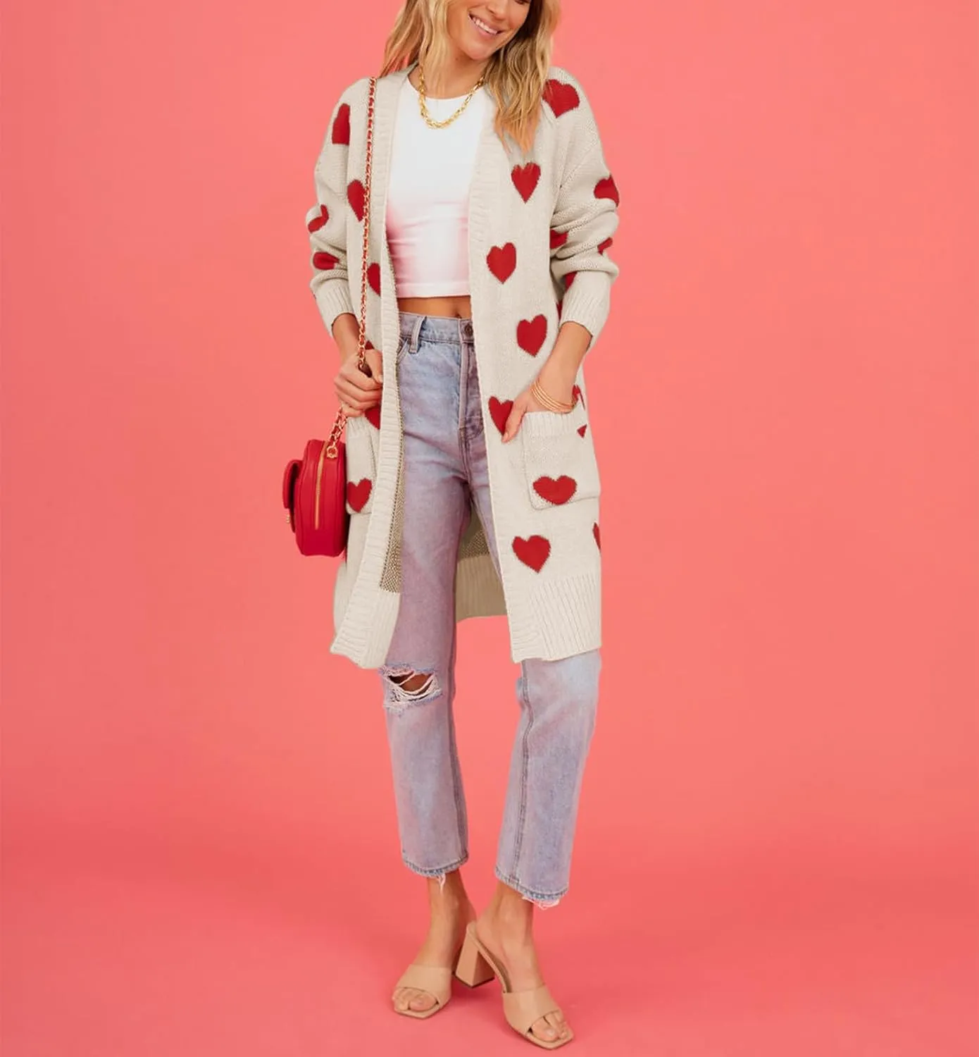Womens Cardigan Sweaters Love Heart Print Open Front Cardigans Y2K Button Knitted Sweater Outerwear Valentines