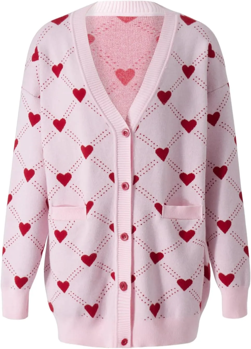 Womens Cardigan Sweaters Love Heart Print Open Front Cardigans Y2K Button Knitted Sweater Outerwear Valentines
