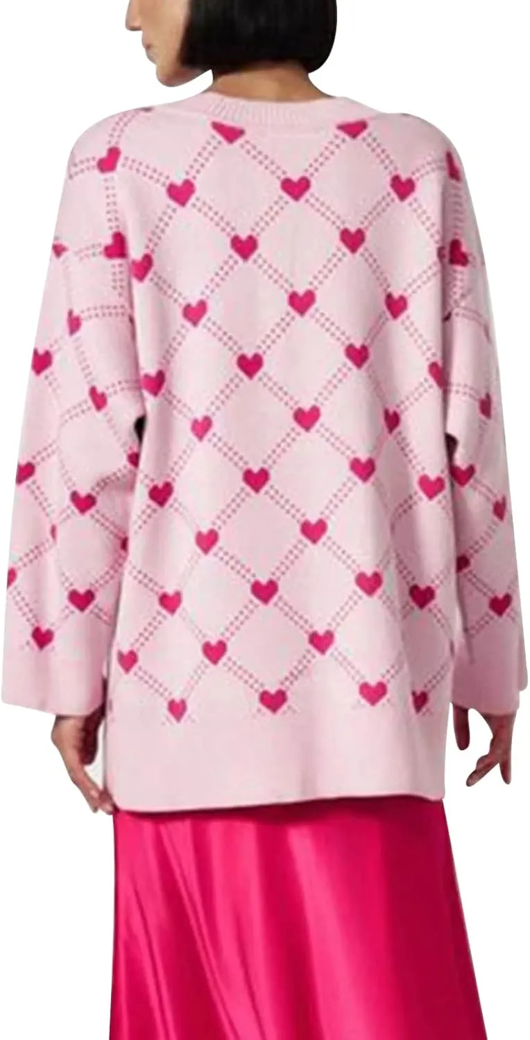 Womens Cardigan Sweaters Love Heart Print Open Front Cardigans Y2K Button Knitted Sweater Outerwear Valentines