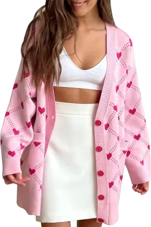 Womens Cardigan Sweaters Love Heart Print Open Front Cardigans Y2K Button Knitted Sweater Outerwear Valentines