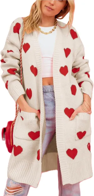 Womens Cardigan Sweaters Love Heart Print Open Front Cardigans Y2K Button Knitted Sweater Outerwear Valentines