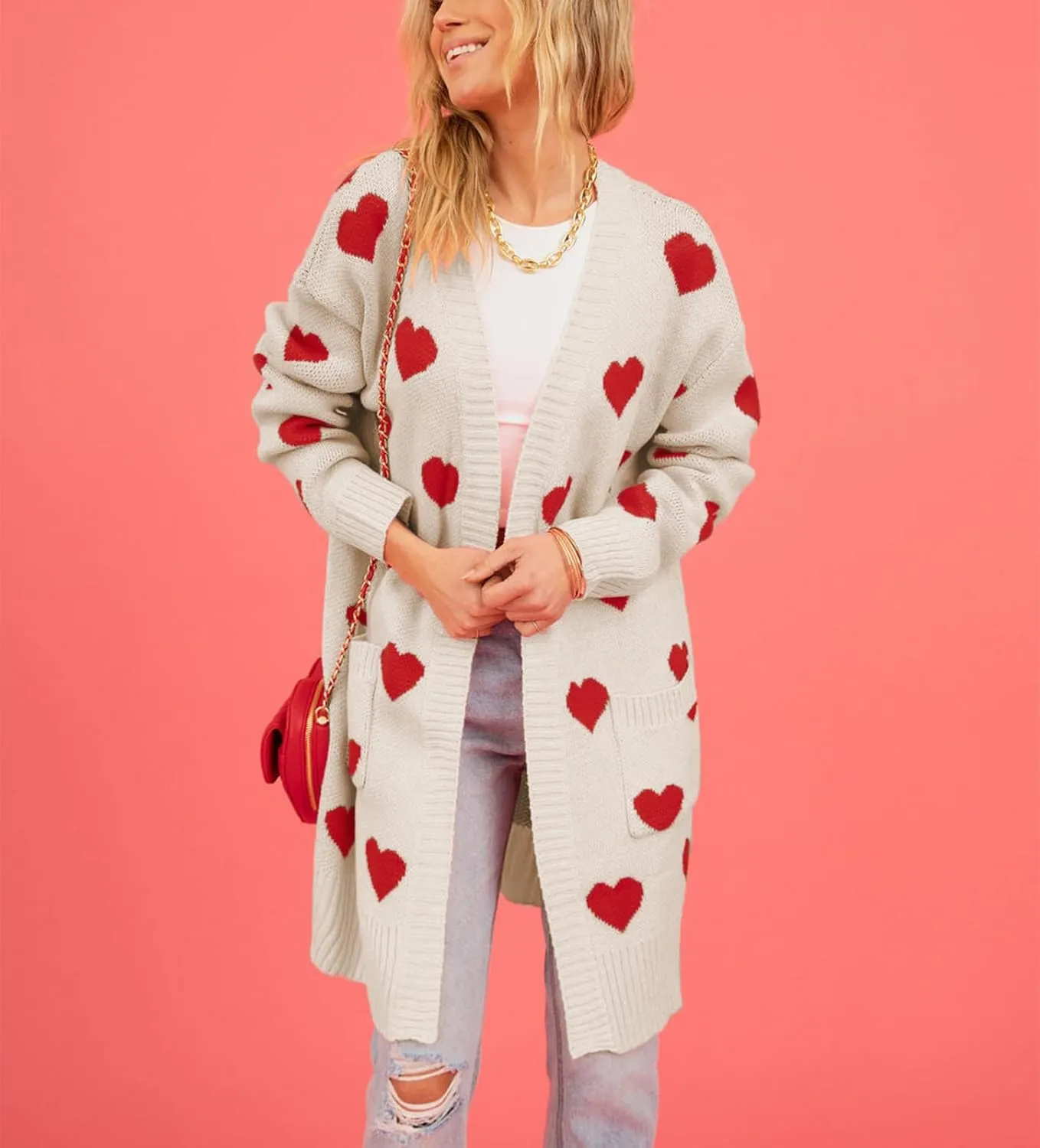Womens Cardigan Sweaters Love Heart Print Open Front Cardigans Y2K Button Knitted Sweater Outerwear Valentines