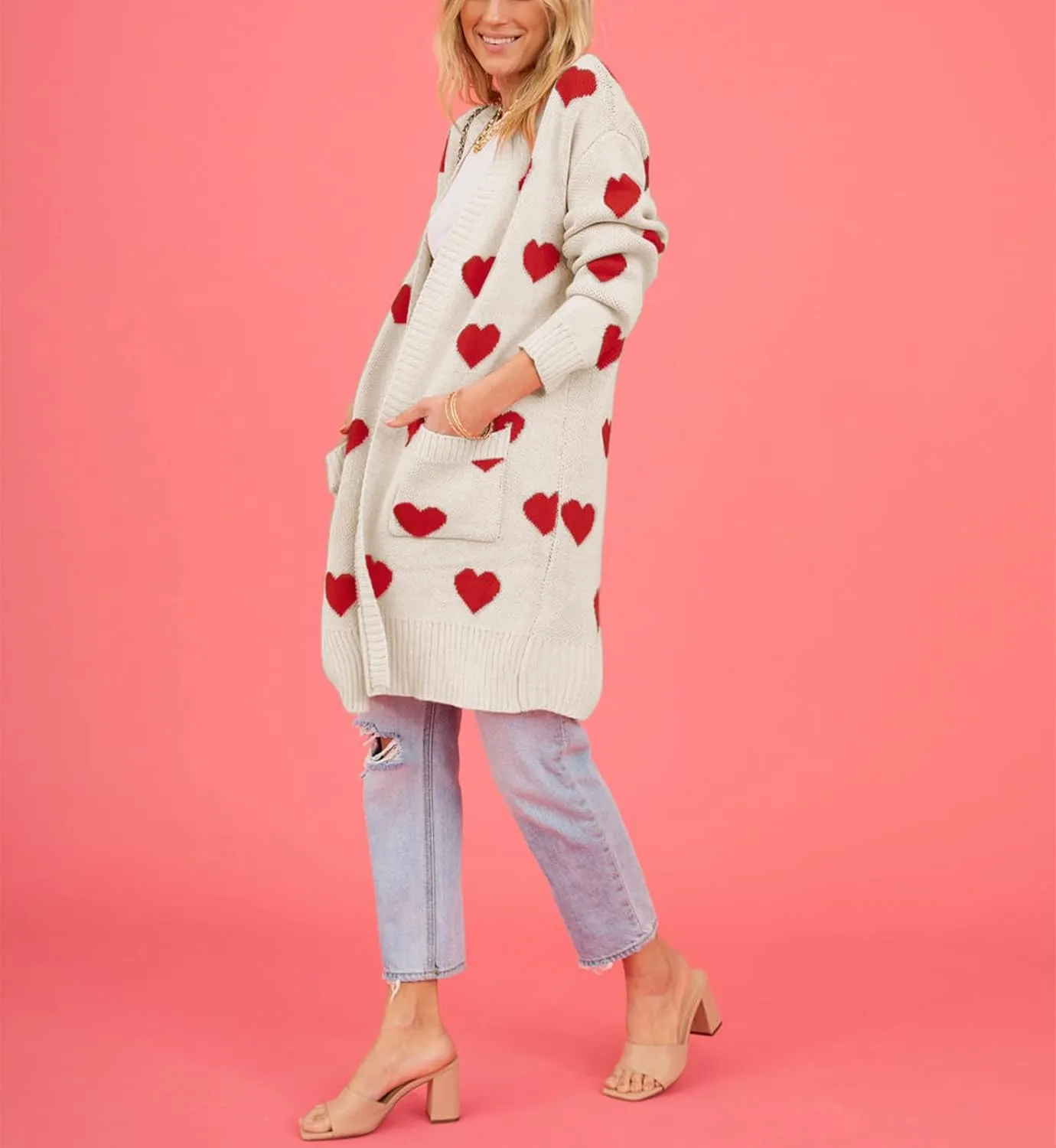 Womens Cardigan Sweaters Love Heart Print Open Front Cardigans Y2K Button Knitted Sweater Outerwear Valentines