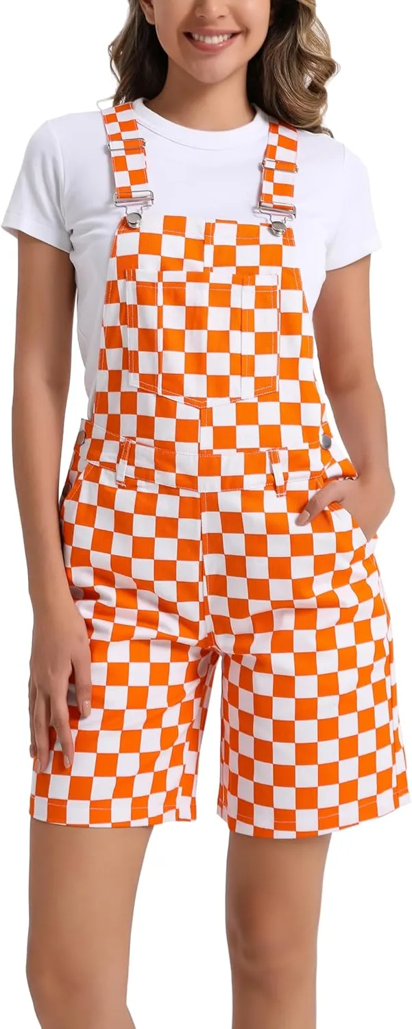 Women's Casual Checkered Bib Overalls Shorts Adjustable Strap Shortall Rompers