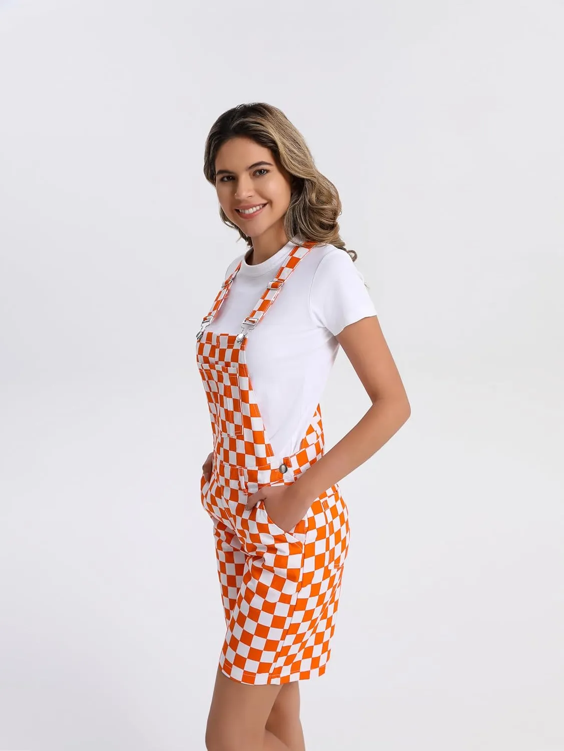 Women's Casual Checkered Bib Overalls Shorts Adjustable Strap Shortall Rompers