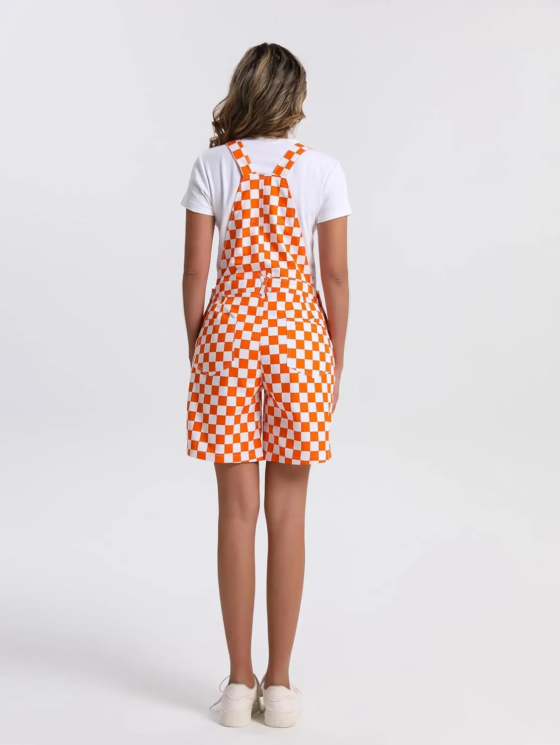 Women's Casual Checkered Bib Overalls Shorts Adjustable Strap Shortall Rompers