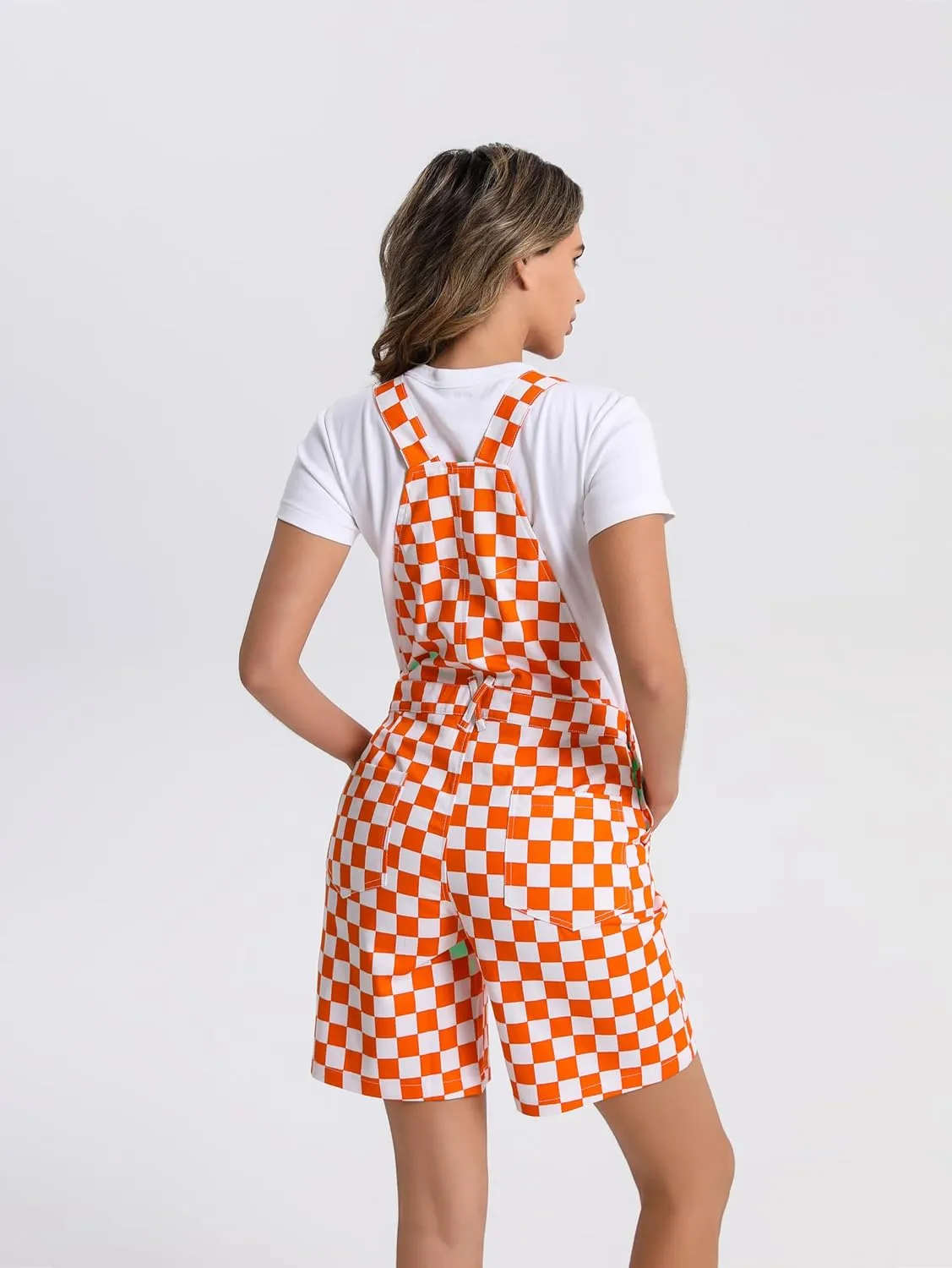 Women's Casual Checkered Bib Overalls Shorts Adjustable Strap Shortall Rompers