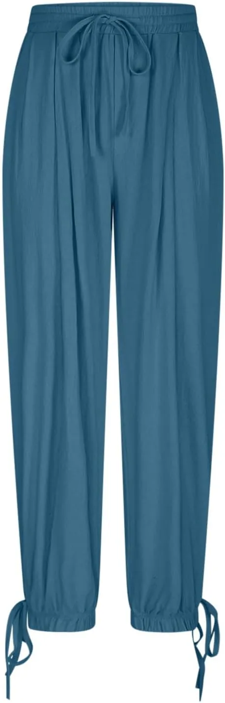 Womens Casual Pants Wide Leg Baggy Tapered Capri Drawstring Elastic Waist Ankle Trousers with Pockets