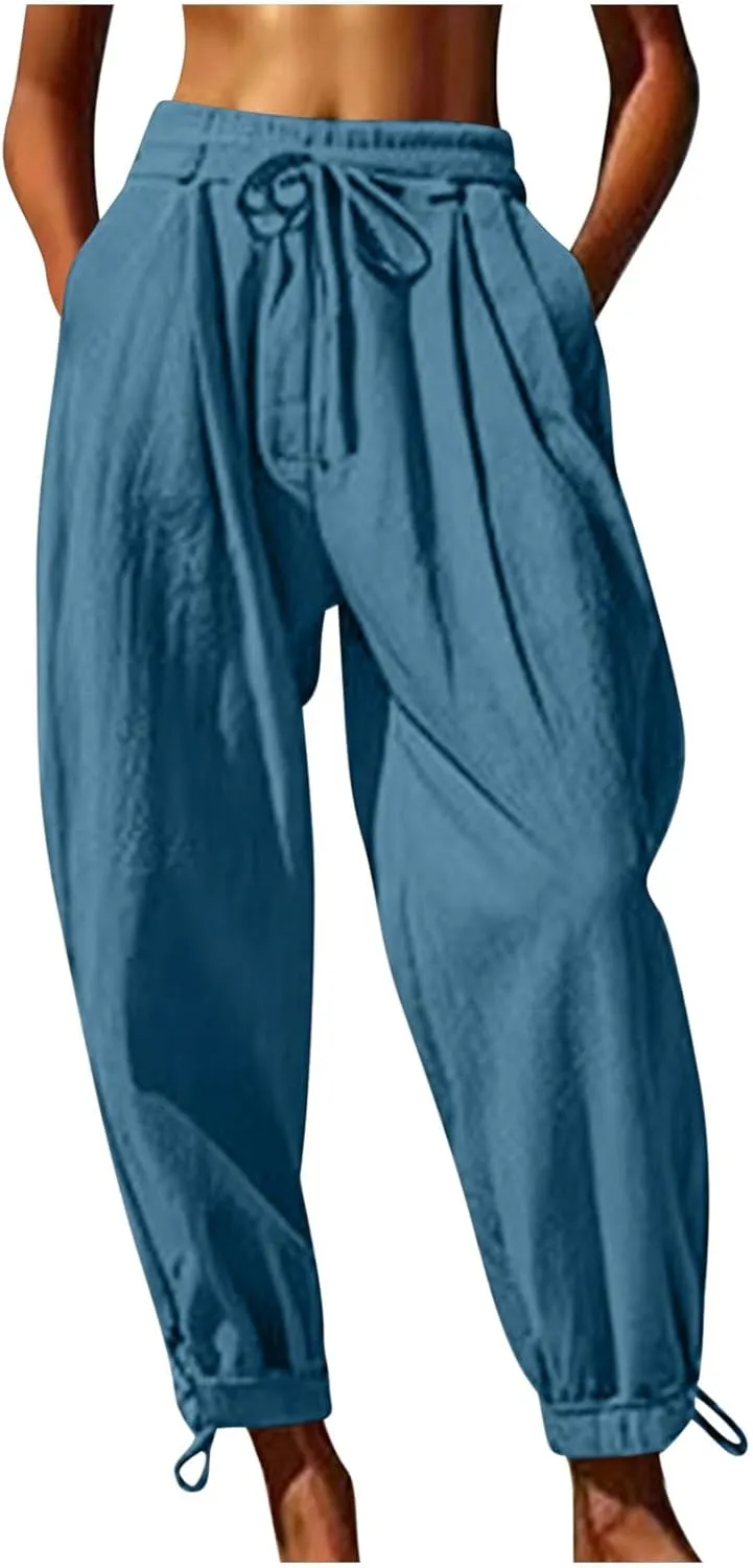 Womens Casual Pants Wide Leg Baggy Tapered Capri Drawstring Elastic Waist Ankle Trousers with Pockets