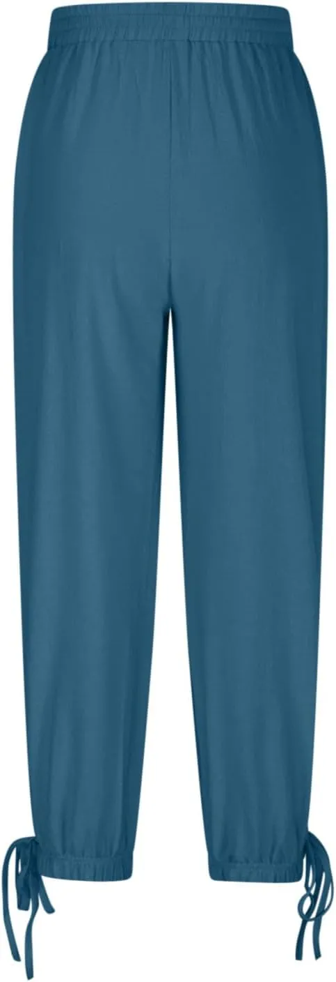 Womens Casual Pants Wide Leg Baggy Tapered Capri Drawstring Elastic Waist Ankle Trousers with Pockets