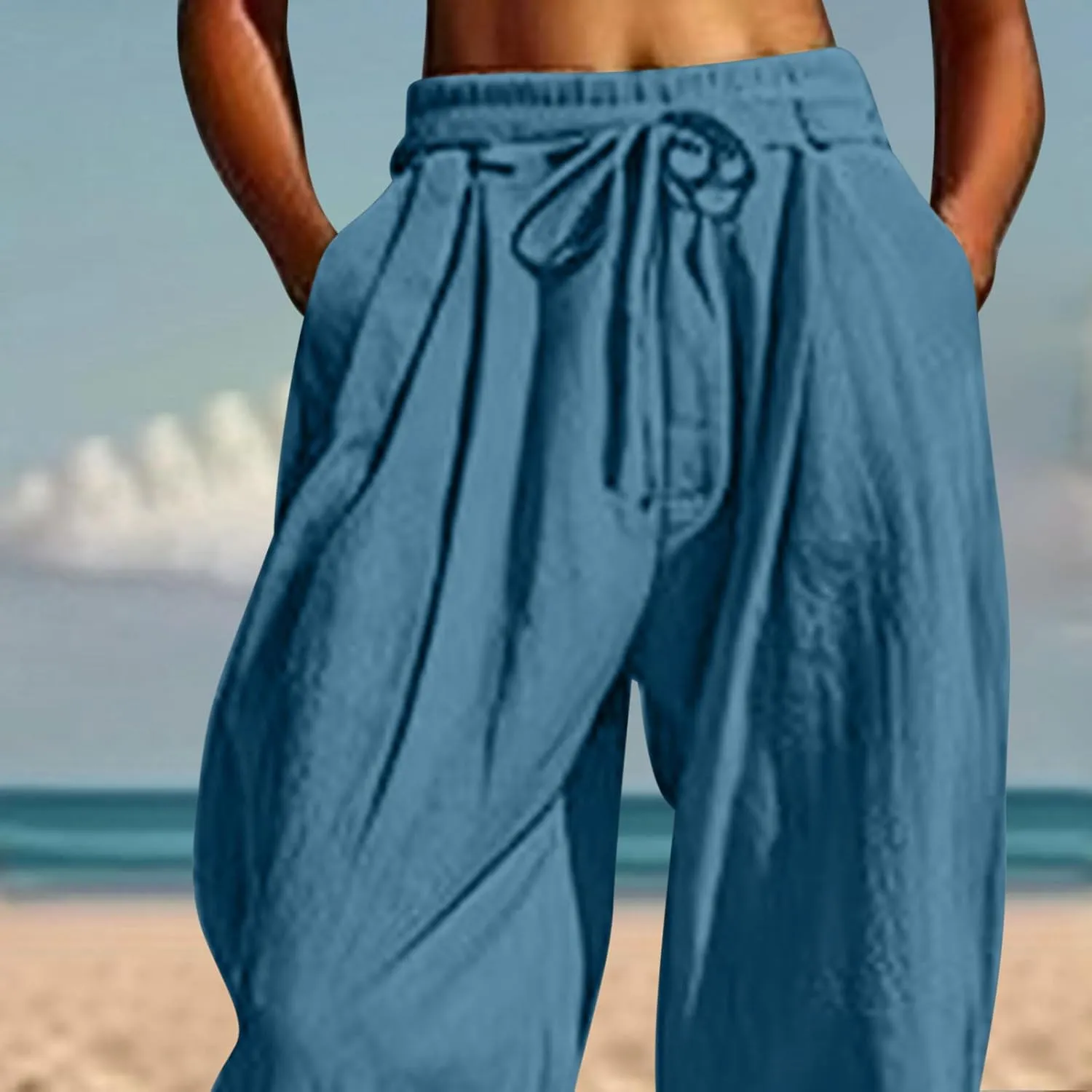 Womens Casual Pants Wide Leg Baggy Tapered Capri Drawstring Elastic Waist Ankle Trousers with Pockets