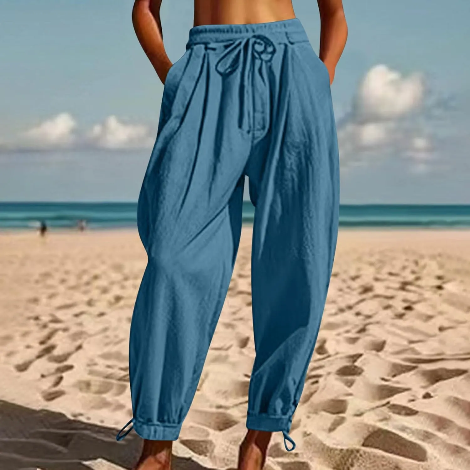 Womens Casual Pants Wide Leg Baggy Tapered Capri Drawstring Elastic Waist Ankle Trousers with Pockets