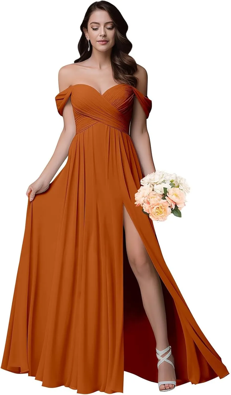 Women's Chiffon V-Neck Bridesmaid Dresses Long 2024 Off Shoulder Prom Dresses with Slit