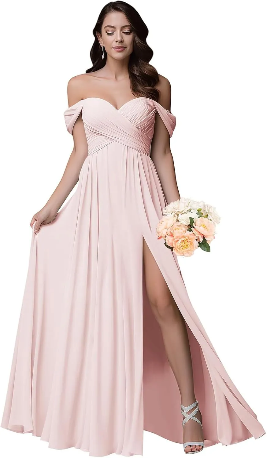 Women's Chiffon V-Neck Bridesmaid Dresses Long 2024 Off Shoulder Prom Dresses with Slit