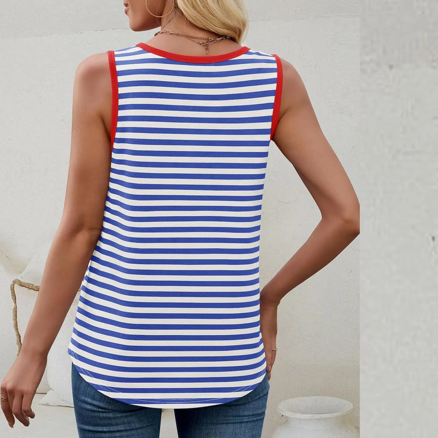 Womens Classic Striped Tank Tops Loose Fit Casual Trendy Color Block Shirts Sleeveless Crewneck Summer Comfy Flowy Tee