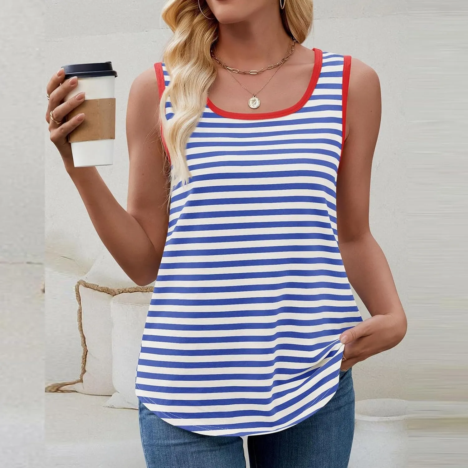 Womens Classic Striped Tank Tops Loose Fit Casual Trendy Color Block Shirts Sleeveless Crewneck Summer Comfy Flowy Tee