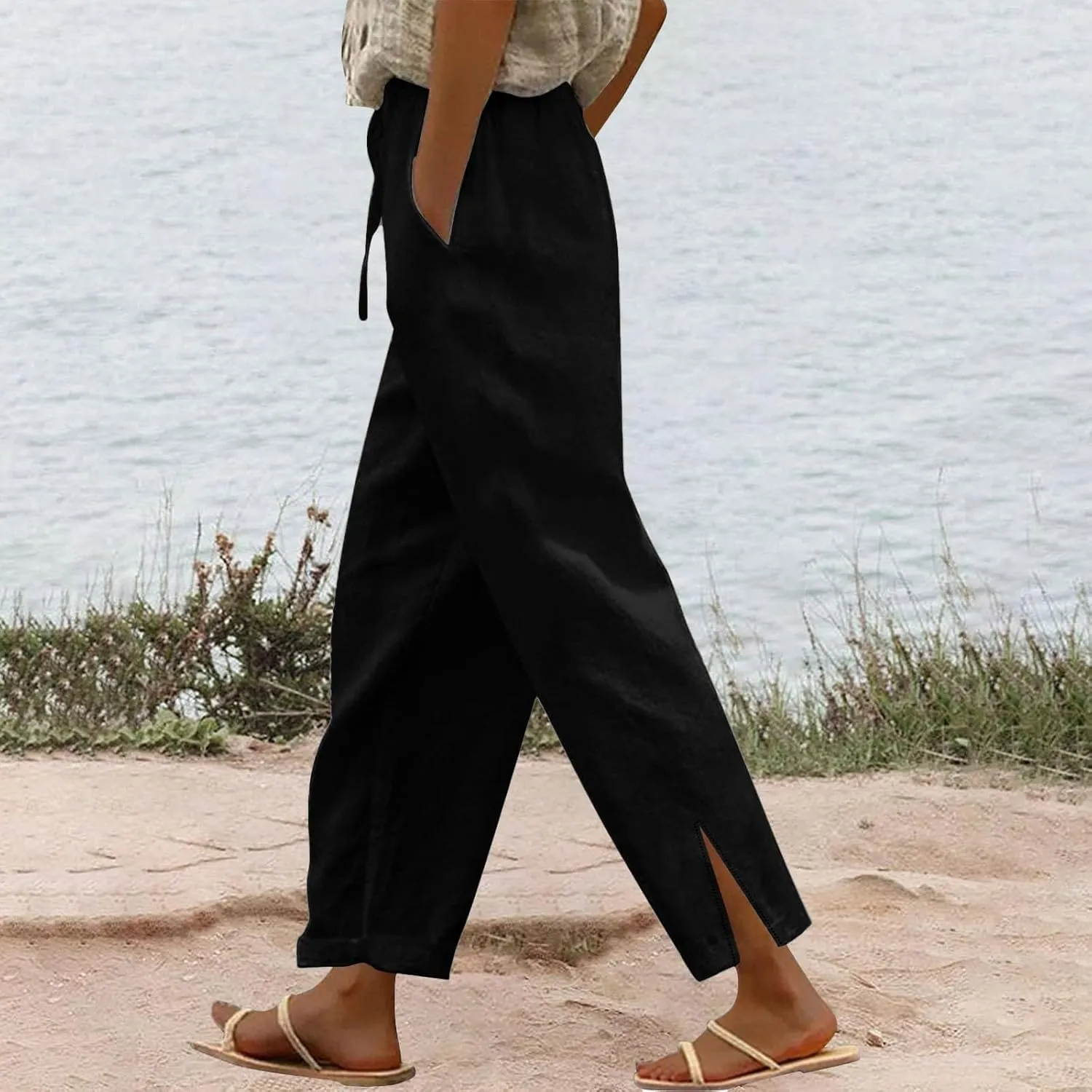 Women's Cotton Linen Drawstring High Waisted Pants Lounge Beach Summer Palazzo Casual Loose Fit Wide Leg Trousers