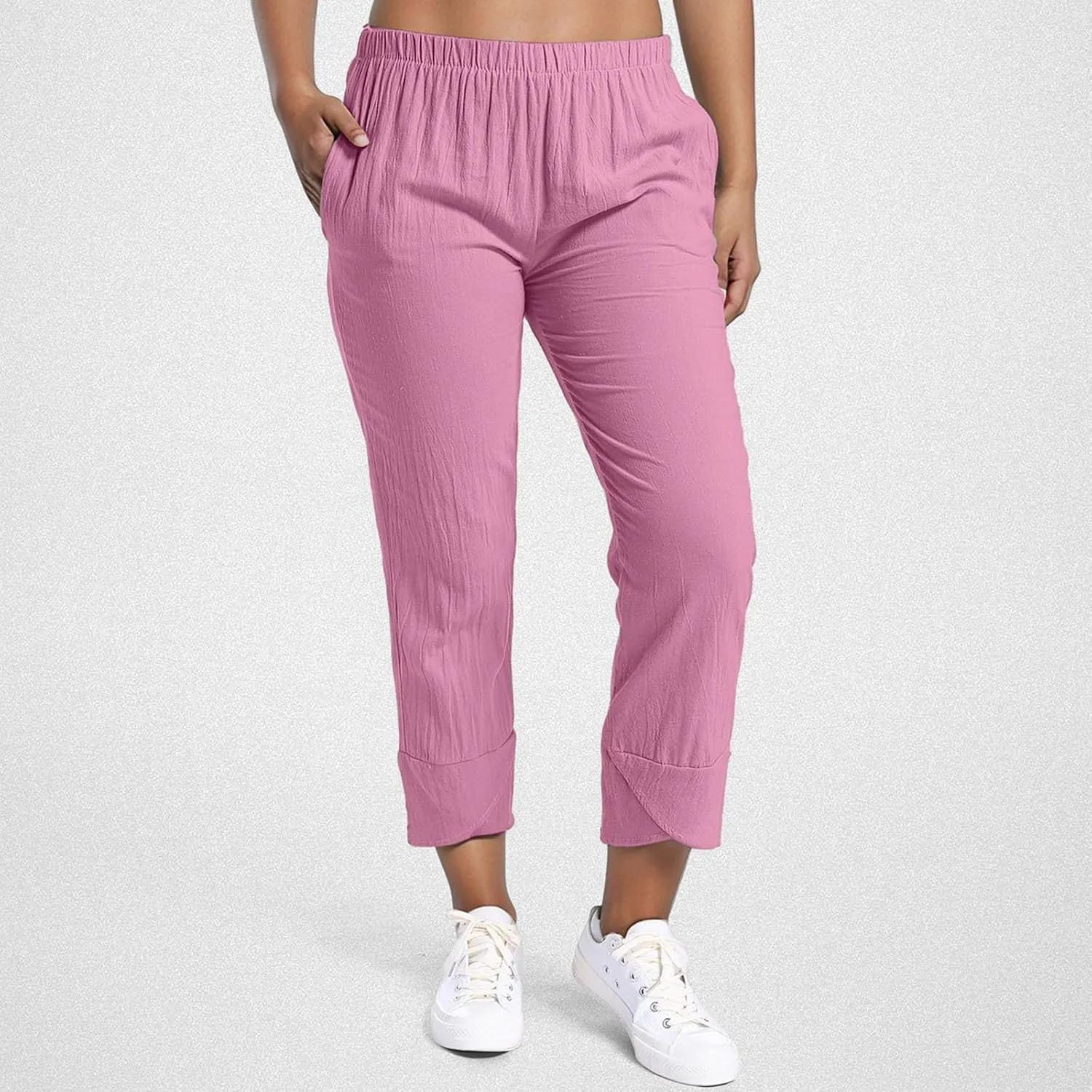 Women's Cotton Linen Pants Summer 2025 Casual Capri Pants with Pockets High Waisted Cropped Comfy Baggy Trousers