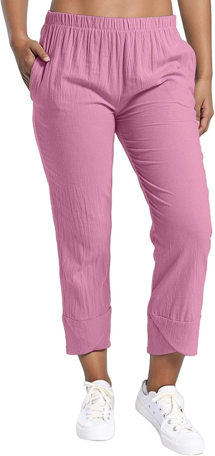 Women's Cotton Linen Pants Summer 2025 Casual Capri Pants with Pockets High Waisted Cropped Comfy Baggy Trousers