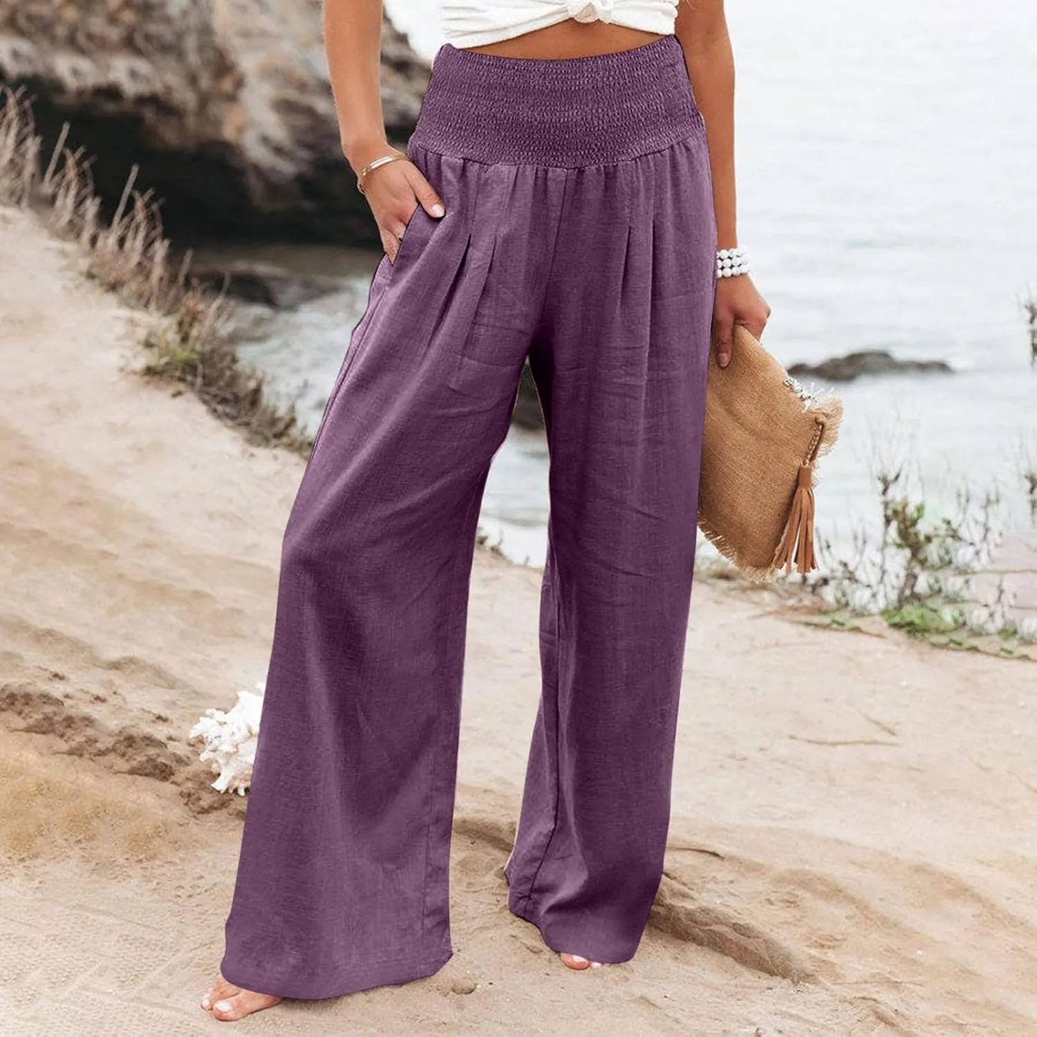 Women's Cotton Linen Pants,Summer Wide Leg Casual Loose Drawstring High Waist Palazzo Trousers