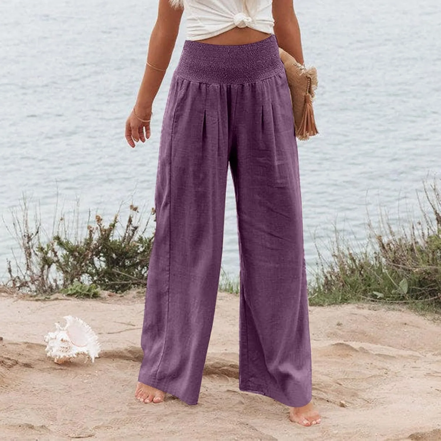 Women's Cotton Linen Pants,Summer Wide Leg Casual Loose Drawstring High Waist Palazzo Trousers
