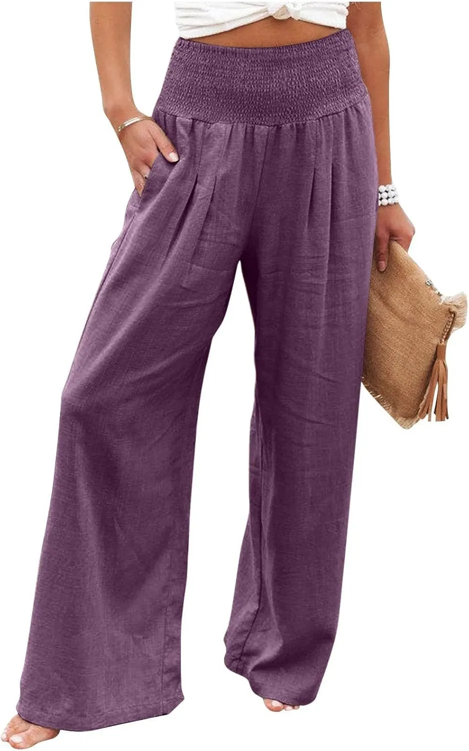Women's Cotton Linen Pants,Summer Wide Leg Casual Loose Drawstring High Waist Palazzo Trousers