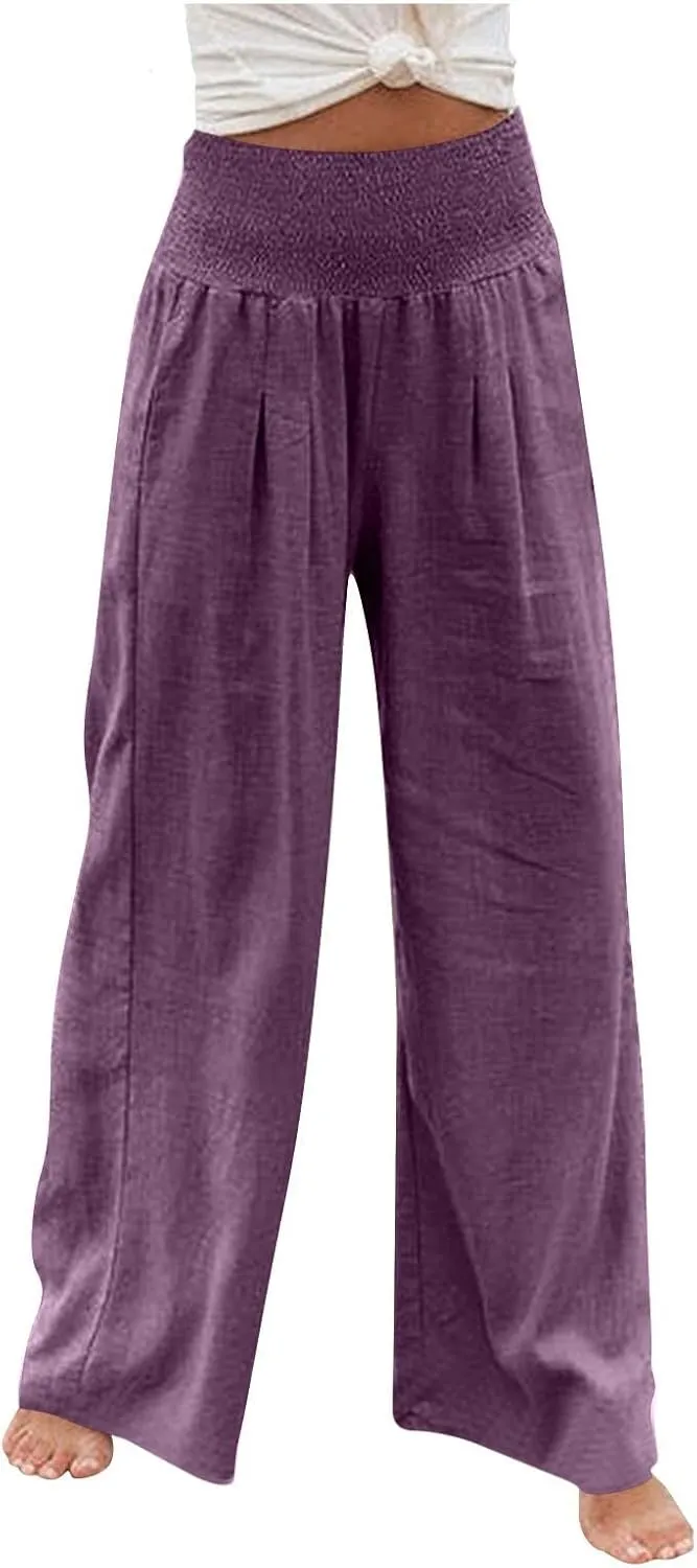 Women's Cotton Linen Pants,Summer Wide Leg Casual Loose Drawstring High Waist Palazzo Trousers