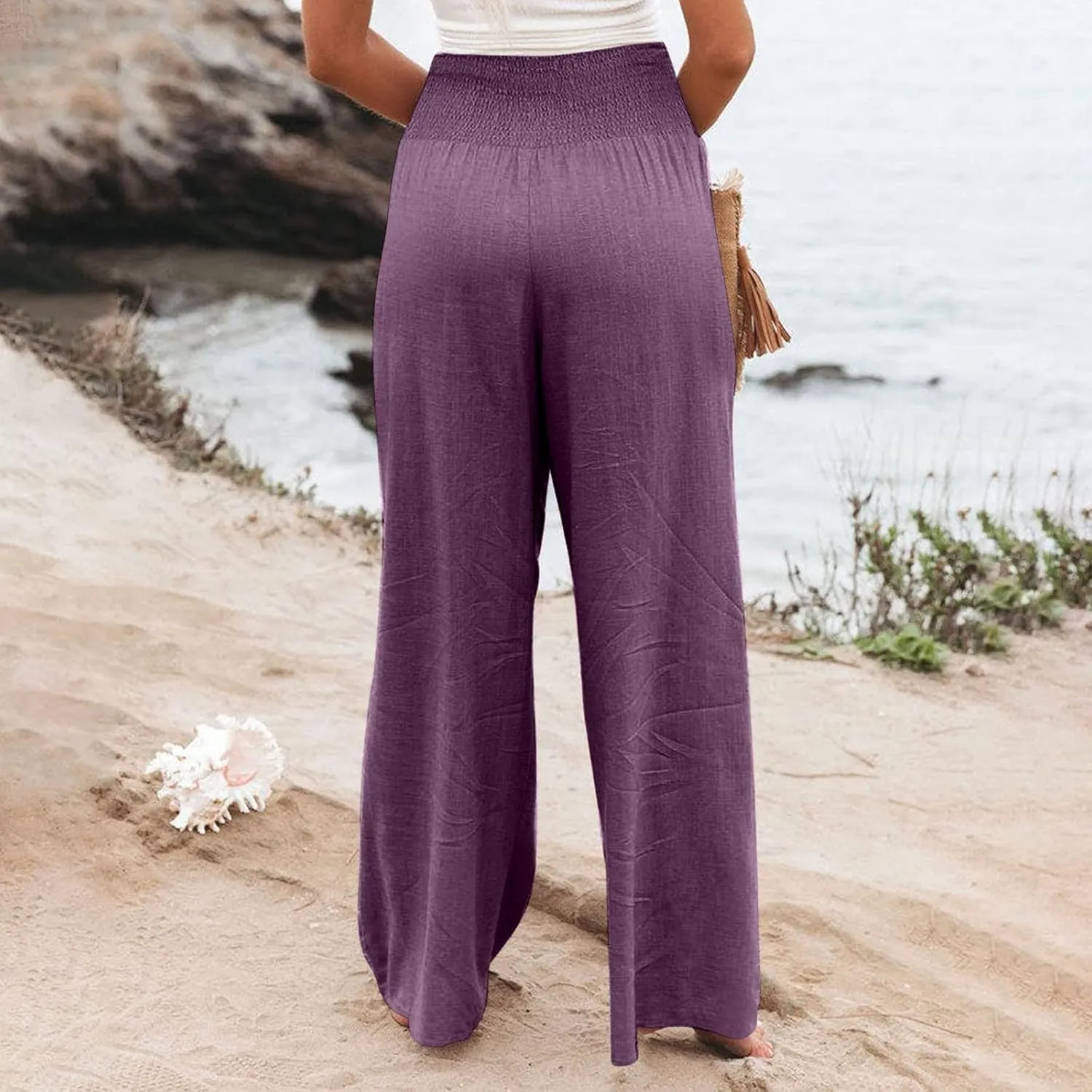 Women's Cotton Linen Pants,Summer Wide Leg Casual Loose Drawstring High Waist Palazzo Trousers