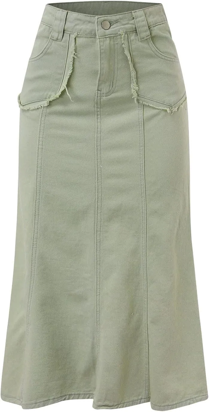 Women's Curvy Tummy Control Skirt High Waisted Midi Length Casual Cute Button Down Fishtail Skirts Sexy Denim Trendy