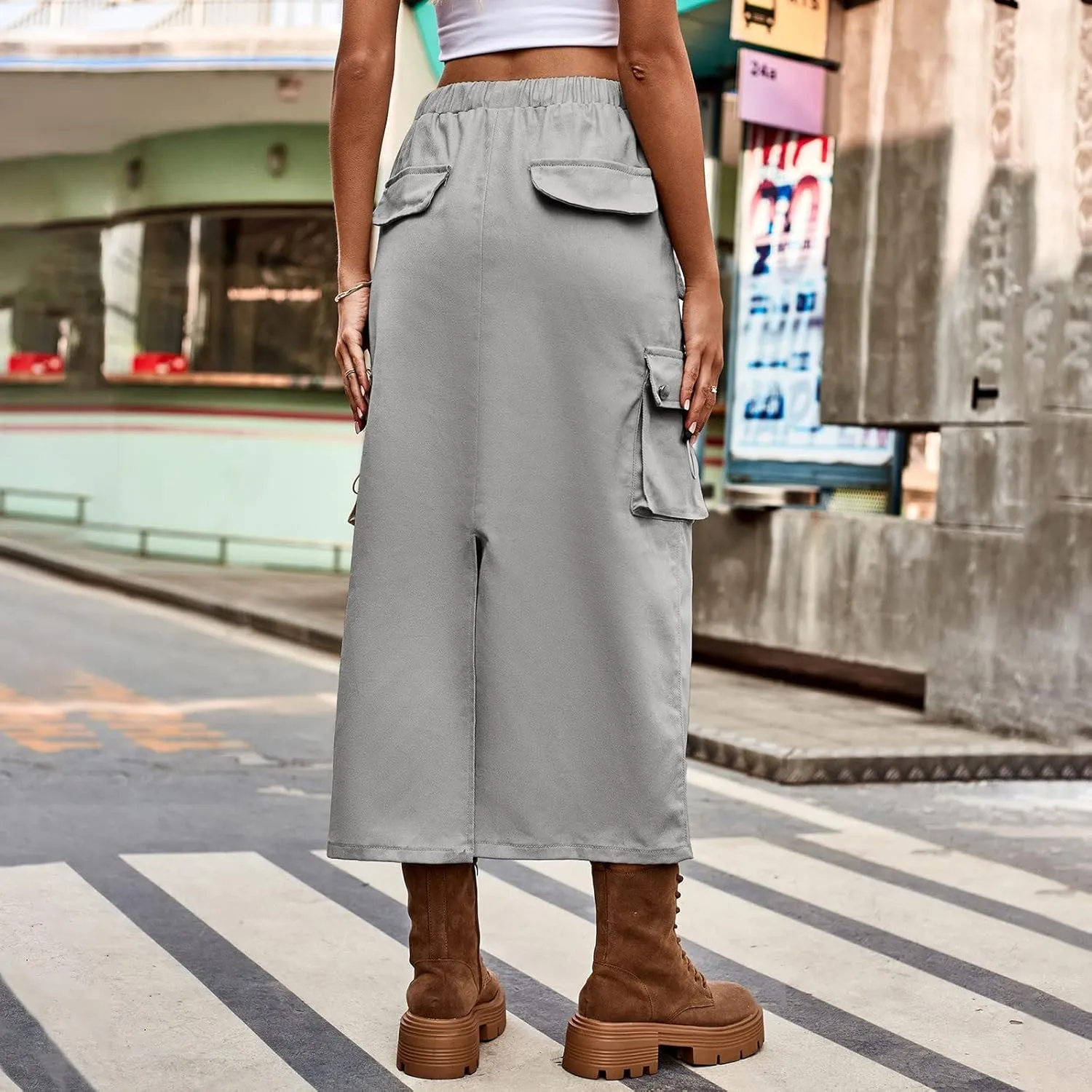 Women's Drawstring Cargo Skirt Midi Length Solid Color Trendy Beach Denim High Waisted Skirts Cute Casual Spring