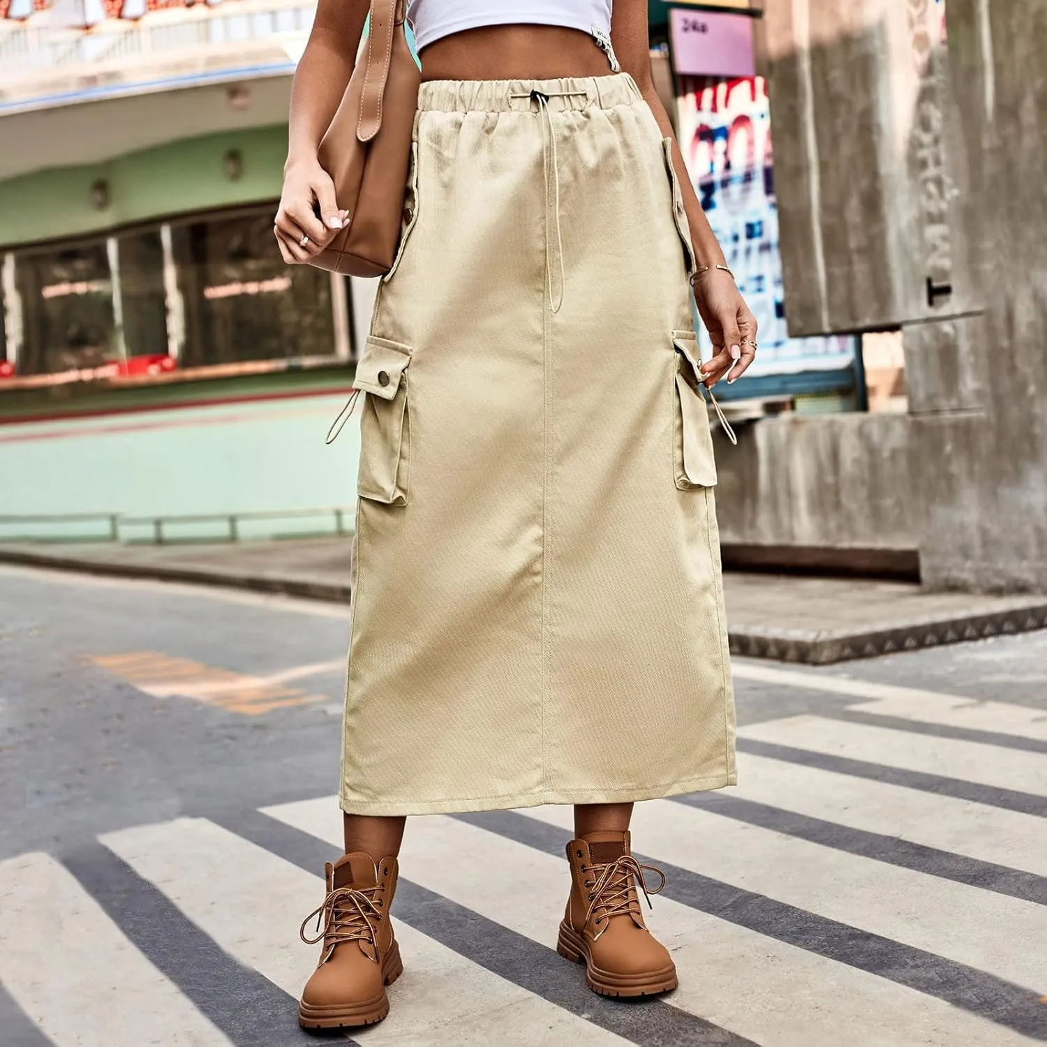 Women's Drawstring Cargo Skirt Midi Length Solid Color Trendy Beach Denim High Waisted Skirts Cute Casual Spring