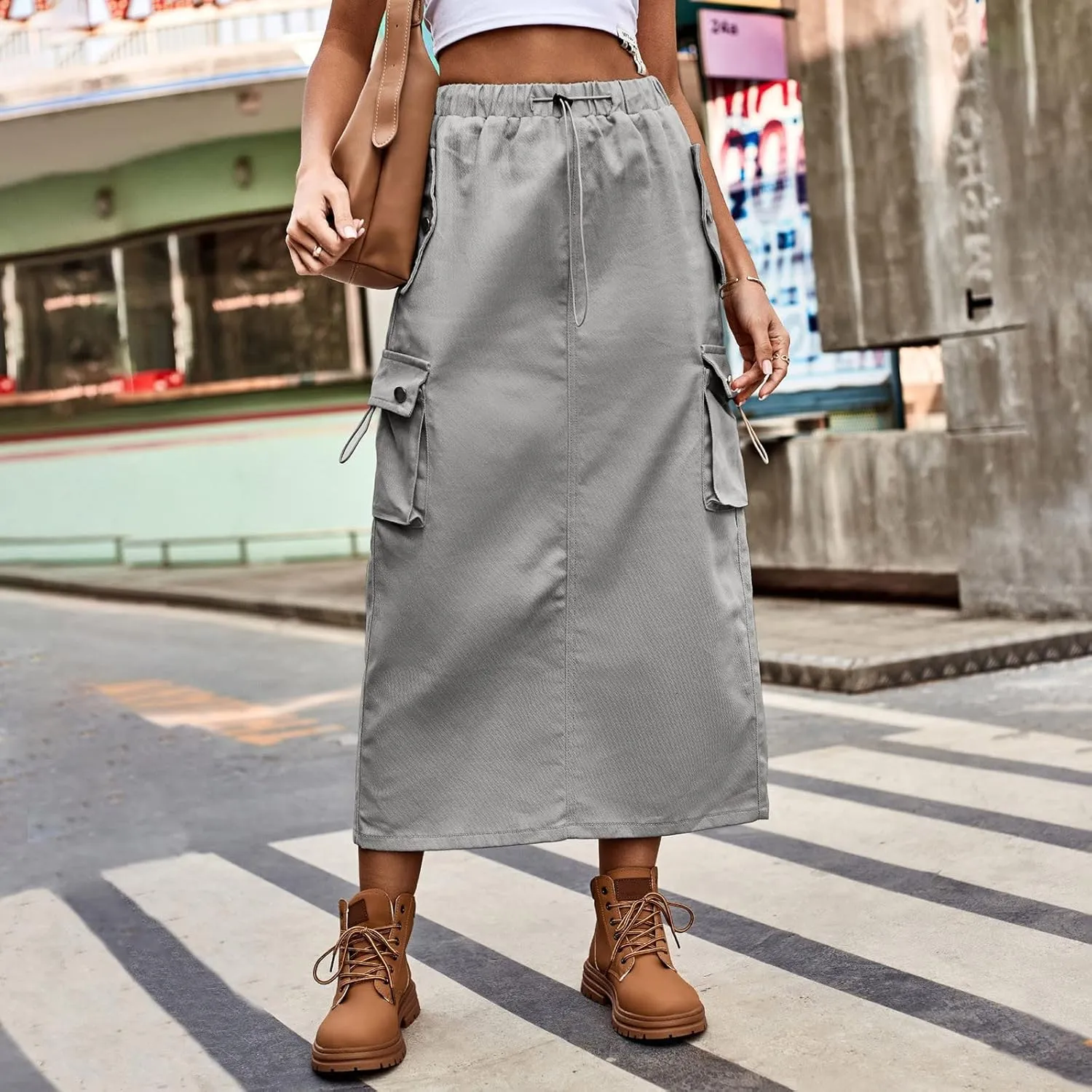 Women's Drawstring Cargo Skirt Midi Length Solid Color Trendy Beach Denim High Waisted Skirts Cute Casual Spring