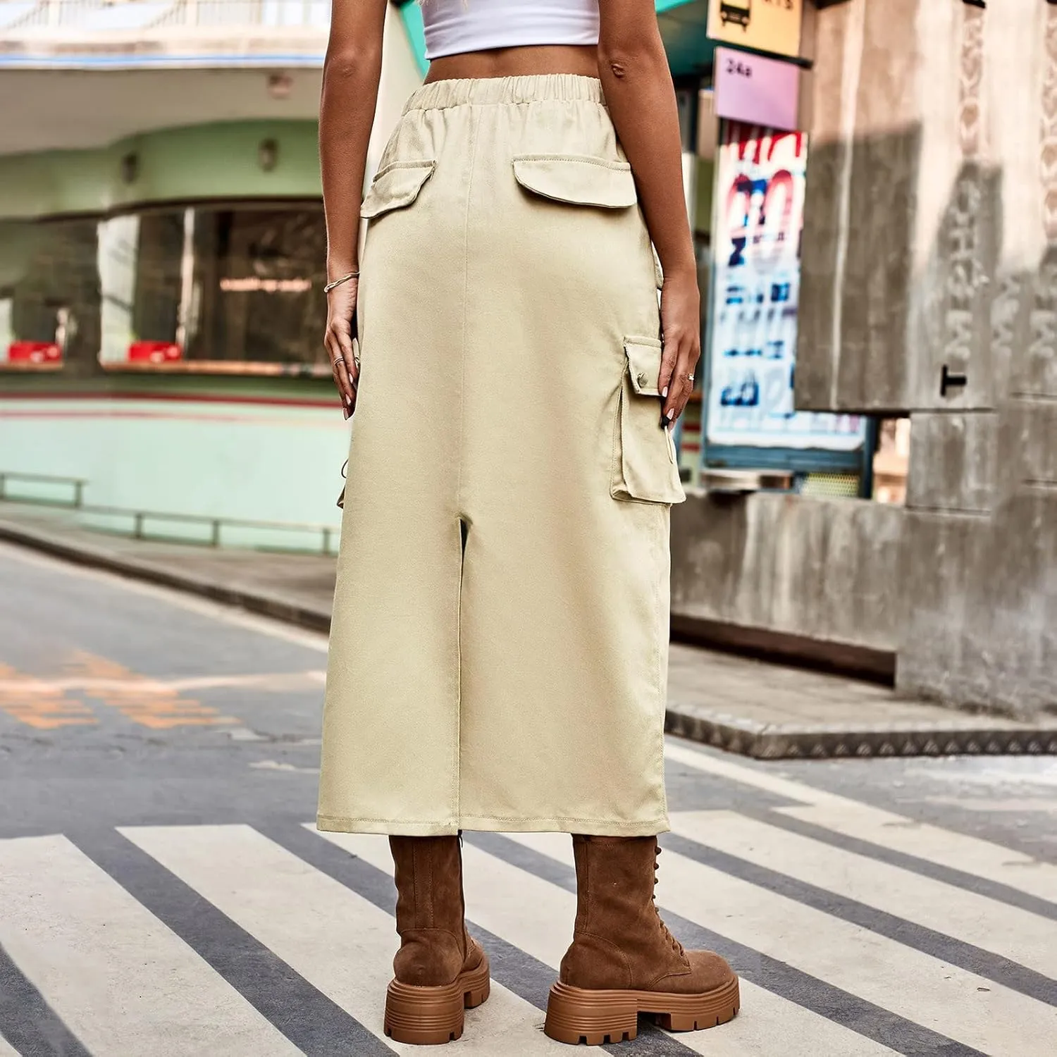 Women's Drawstring Cargo Skirt Midi Length Solid Color Trendy Beach Denim High Waisted Skirts Cute Casual Spring