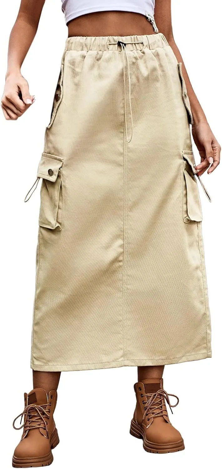 Women's Drawstring Cargo Skirt Midi Length Solid Color Trendy Beach Denim High Waisted Skirts Cute Casual Spring