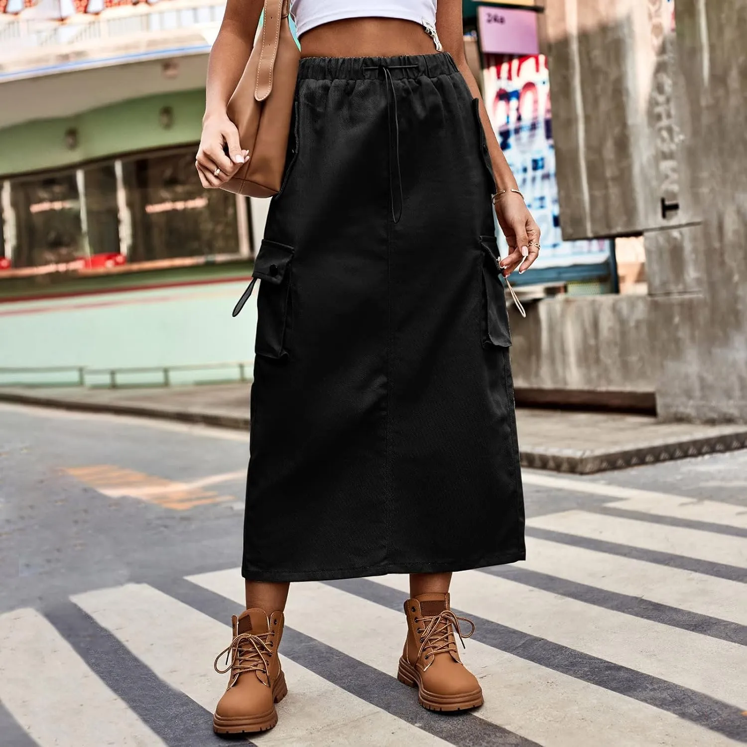 Women's Drawstring Cargo Skirt Midi Length Solid Color Trendy Beach Denim High Waisted Skirts Cute Casual Spring