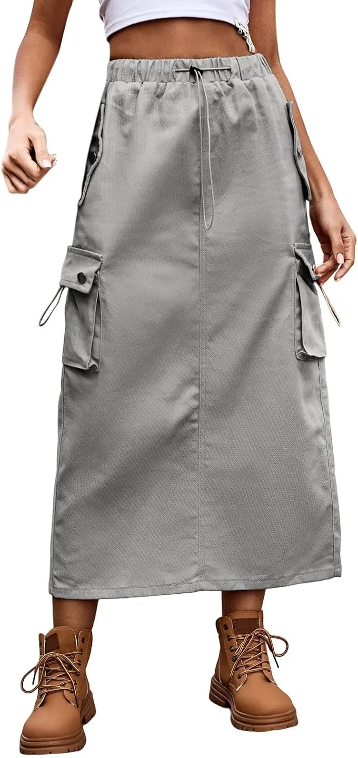 Women's Drawstring Cargo Skirt Midi Length Solid Color Trendy Beach Denim High Waisted Skirts Cute Casual Spring