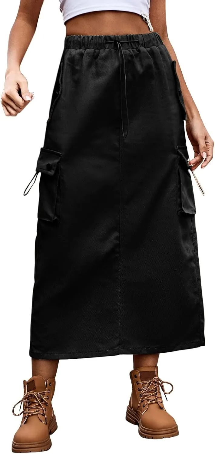 Women's Drawstring Cargo Skirt Midi Length Solid Color Trendy Beach Denim High Waisted Skirts Cute Casual Spring