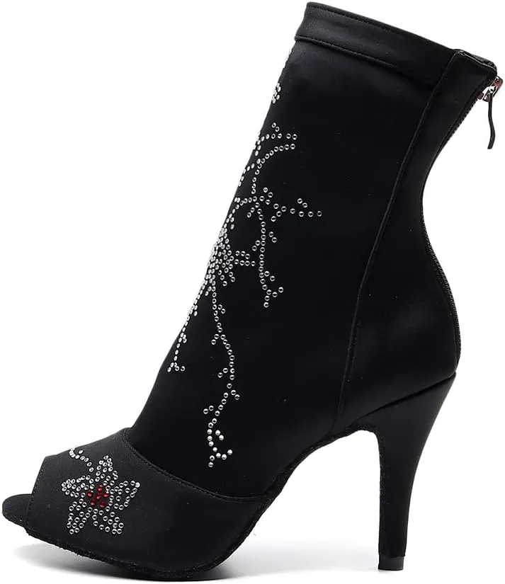 Women's Elastic Fabric Latin Dance Boots Peep Toe Salsa Ballroom Performance Dancing Booties,Model-7199