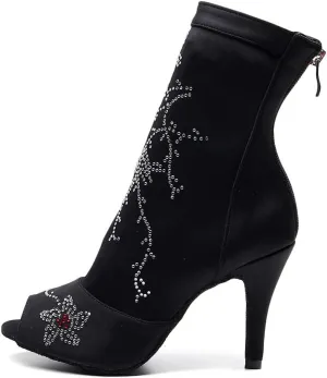 Women's Elastic Fabric Latin Dance Boots Peep Toe Salsa Ballroom Performance Dancing Booties,Model-7199