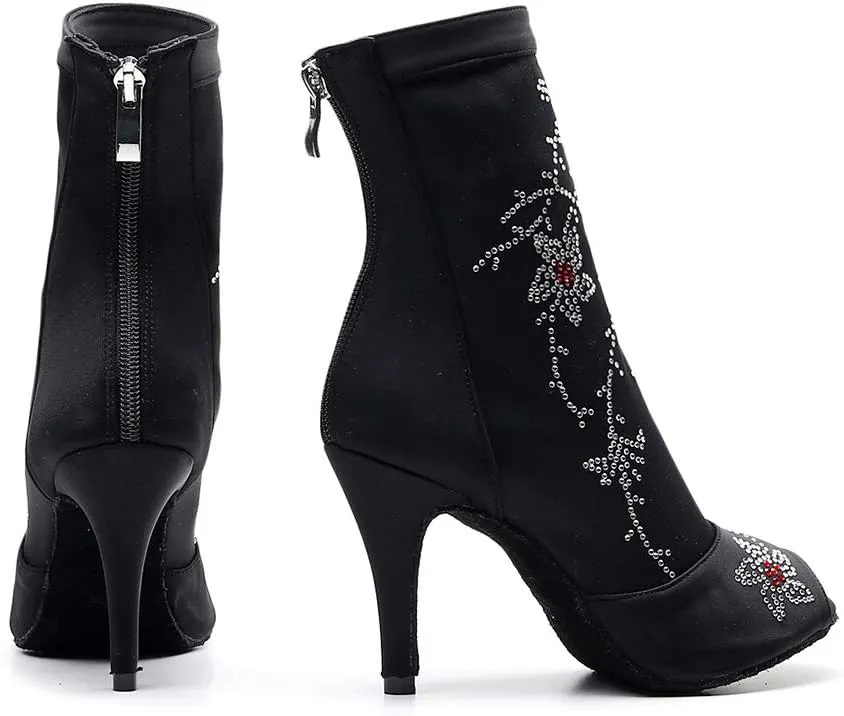 Women's Elastic Fabric Latin Dance Boots Peep Toe Salsa Ballroom Performance Dancing Booties,Model-7199