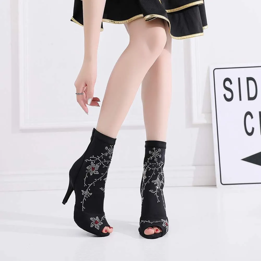 Women's Elastic Fabric Latin Dance Boots Peep Toe Salsa Ballroom Performance Dancing Booties,Model-7199