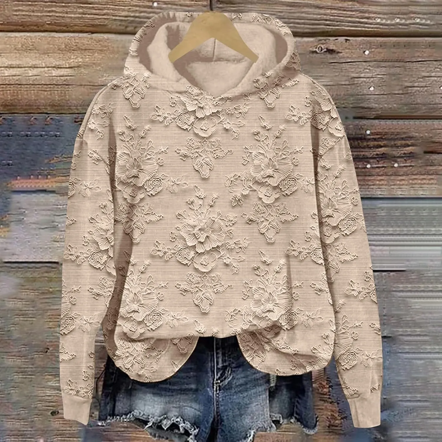 Womens Floral Lace Printed Hoodies Oversized Long Sleeve Pullover Sweatshirt Soft Fall Winter Athleisure Outfits