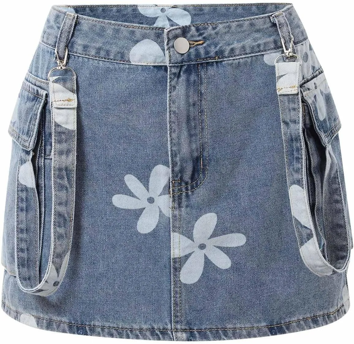 Women's Floral Mini Denim Cargo Skirts High Waisted Button Skirt Y2k Trendy Slim Fit Bodycon Jean Skirt with Flap Pockets