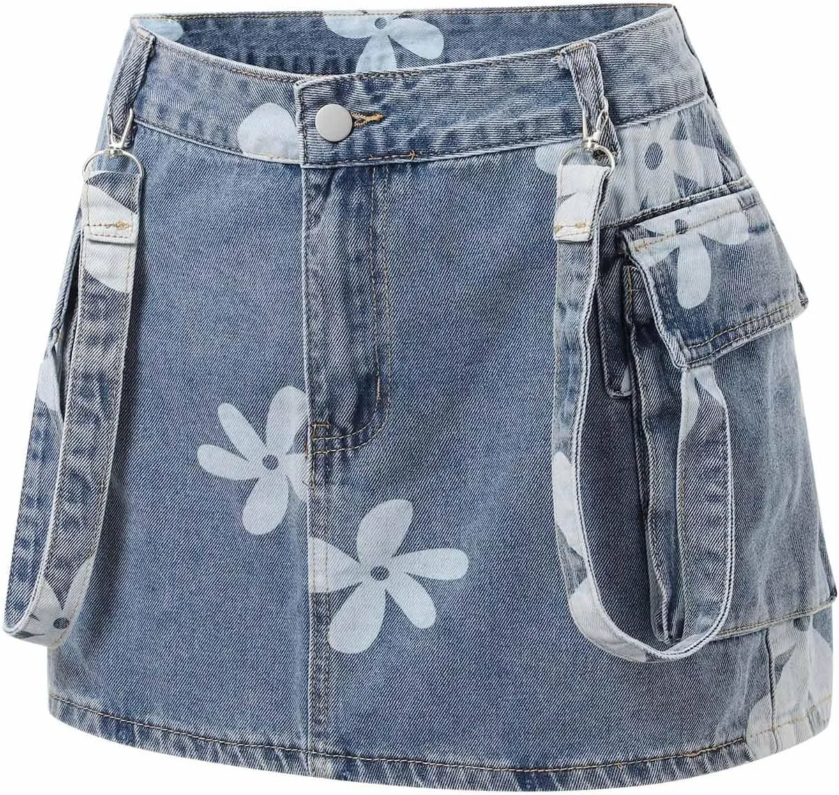 Women's Floral Mini Denim Cargo Skirts High Waisted Button Skirt Y2k Trendy Slim Fit Bodycon Jean Skirt with Flap Pockets