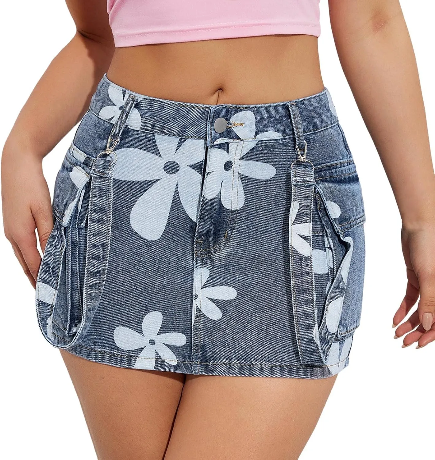 Women's Floral Mini Denim Cargo Skirts High Waisted Button Skirt Y2k Trendy Slim Fit Bodycon Jean Skirt with Flap Pockets