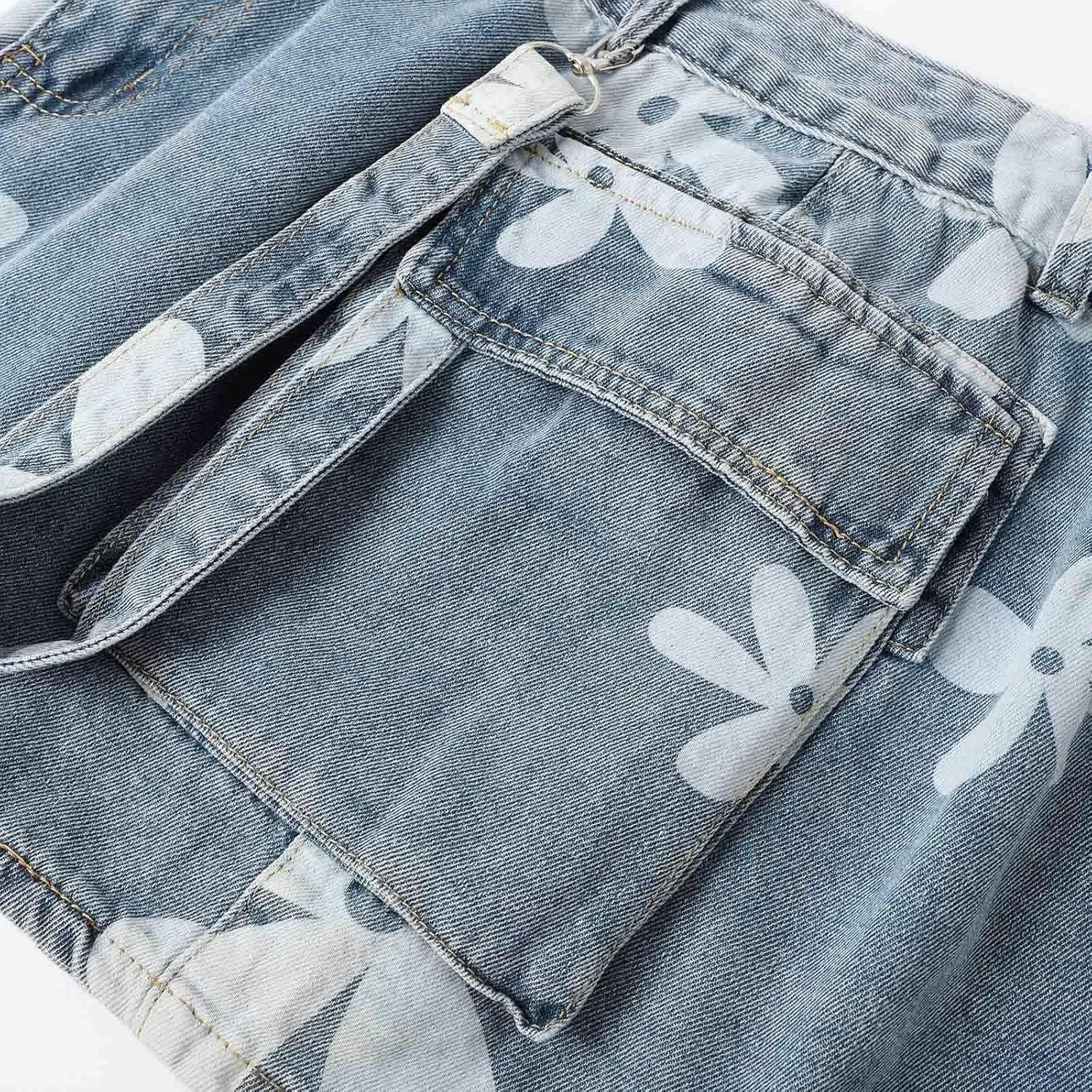 Women's Floral Mini Denim Cargo Skirts High Waisted Button Skirt Y2k Trendy Slim Fit Bodycon Jean Skirt with Flap Pockets