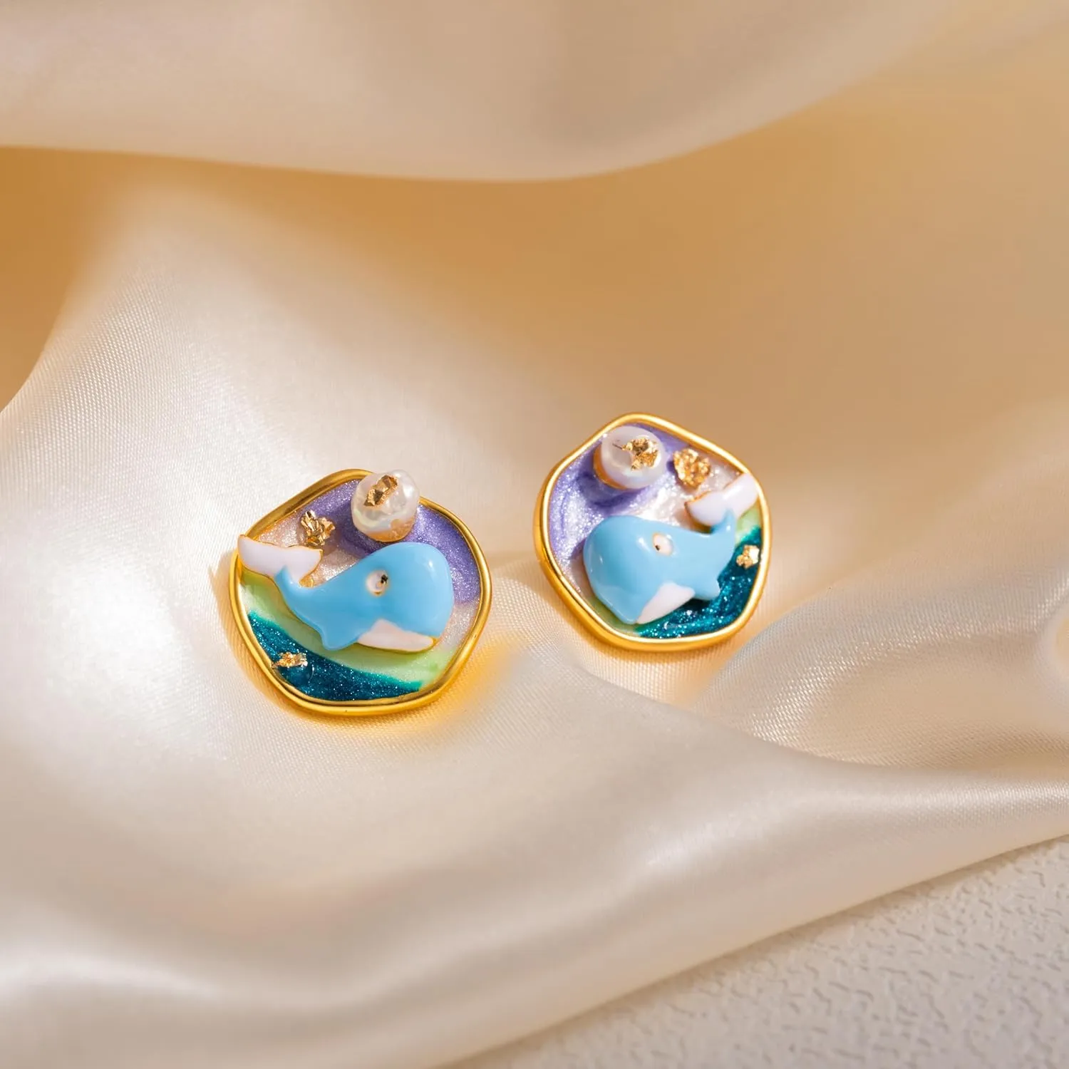Women's Gold Plated Vintage Hand Painted Stud Earrings Set - Floral Lily, Conch, Fish & Starfish Designs with Pearls, Hypoallergenic 925 Sterling Silver Posts, Summer Beach Holiday Wedding Jewelry Gifts