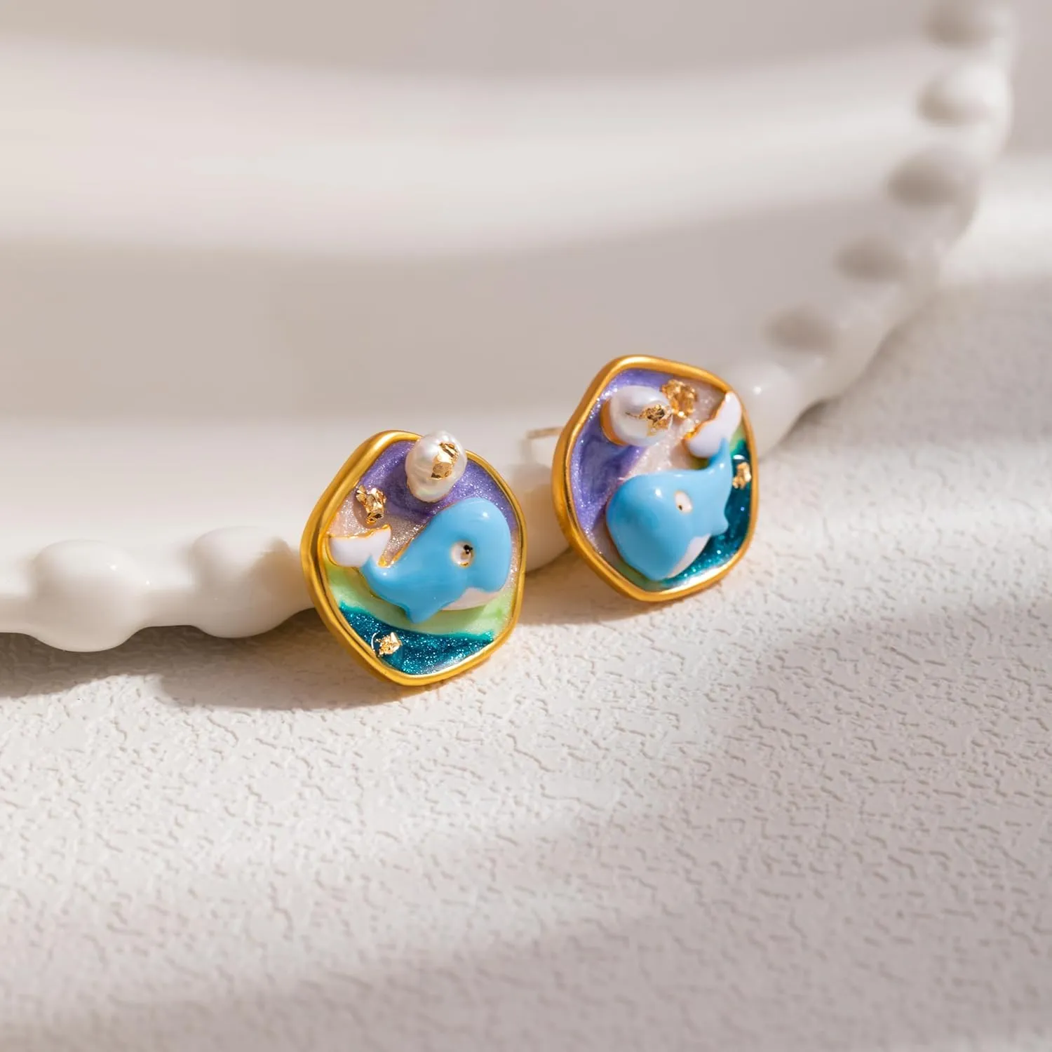 Women's Gold Plated Vintage Hand Painted Stud Earrings Set - Floral Lily, Conch, Fish & Starfish Designs with Pearls, Hypoallergenic 925 Sterling Silver Posts, Summer Beach Holiday Wedding Jewelry Gifts