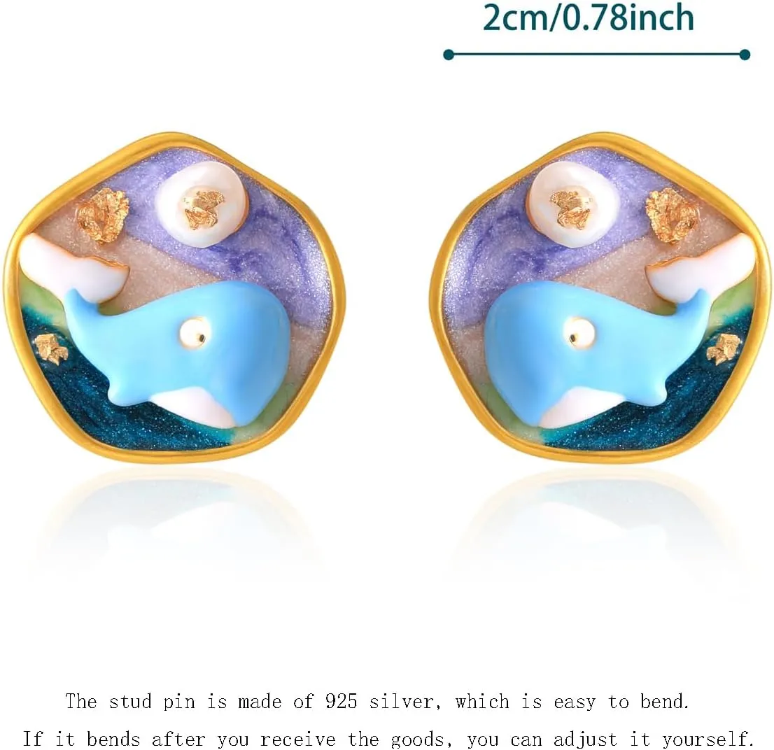 Women's Gold Plated Vintage Hand Painted Stud Earrings Set - Floral Lily, Conch, Fish & Starfish Designs with Pearls, Hypoallergenic 925 Sterling Silver Posts, Summer Beach Holiday Wedding Jewelry Gifts