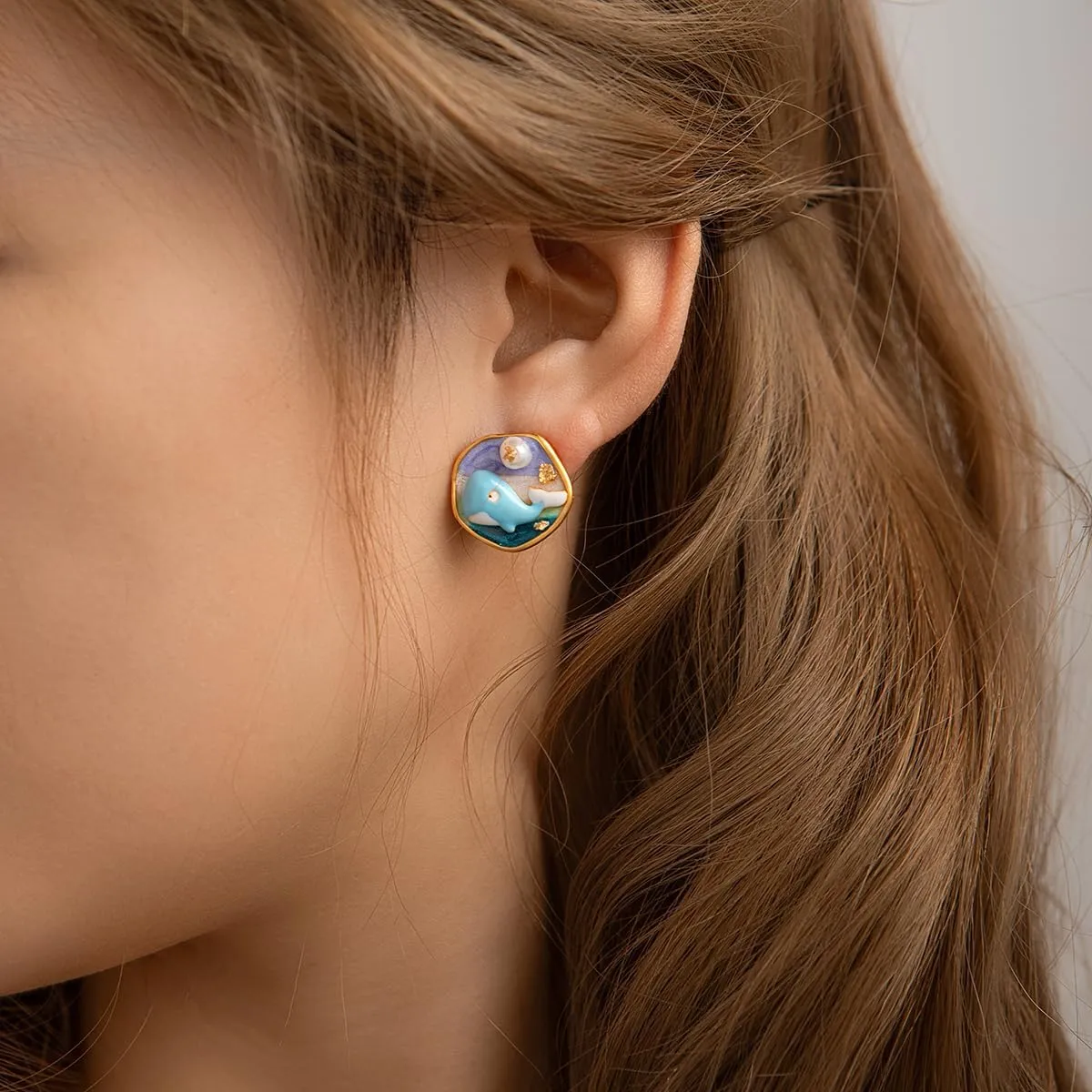 Women's Gold Plated Vintage Hand Painted Stud Earrings Set - Floral Lily, Conch, Fish & Starfish Designs with Pearls, Hypoallergenic 925 Sterling Silver Posts, Summer Beach Holiday Wedding Jewelry Gifts